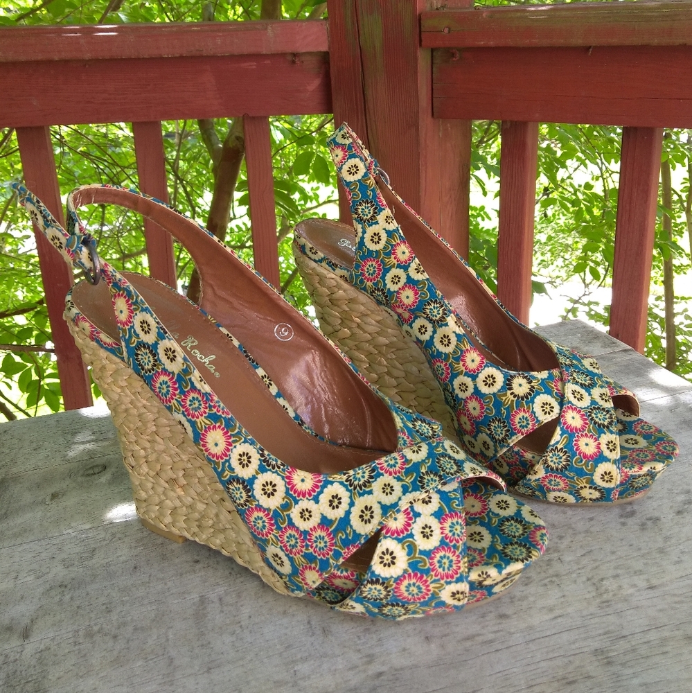 Gabriella Rocha Straw Wedge Sandal Women's 9 Platform Slingback Heels